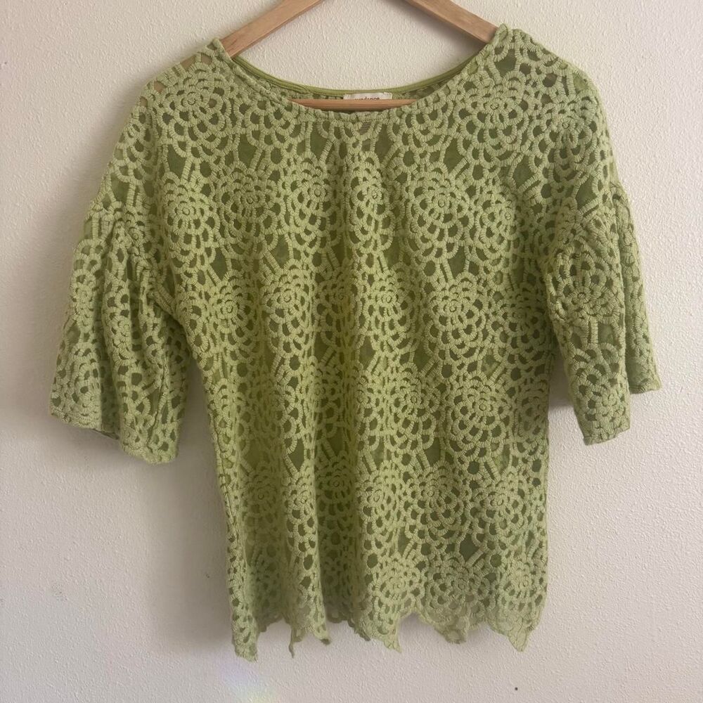 Sundance Light Sage Green Lace Embroidered Mesh Textured Short Sleeve Blouse